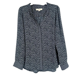 LOFT Ditzy Floral Hidden Button Up Shirt Blue White Long Sleeve Office Size M